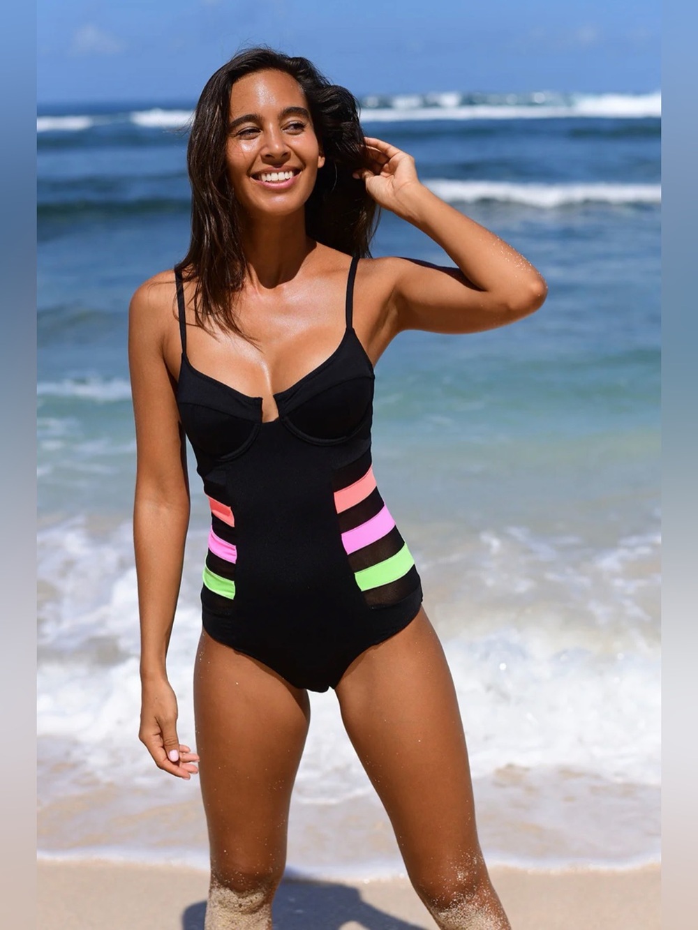 Vetchy - Black One-Piece Swimsuit with Neon Stripe and Mesh Sides - NEVER WORN